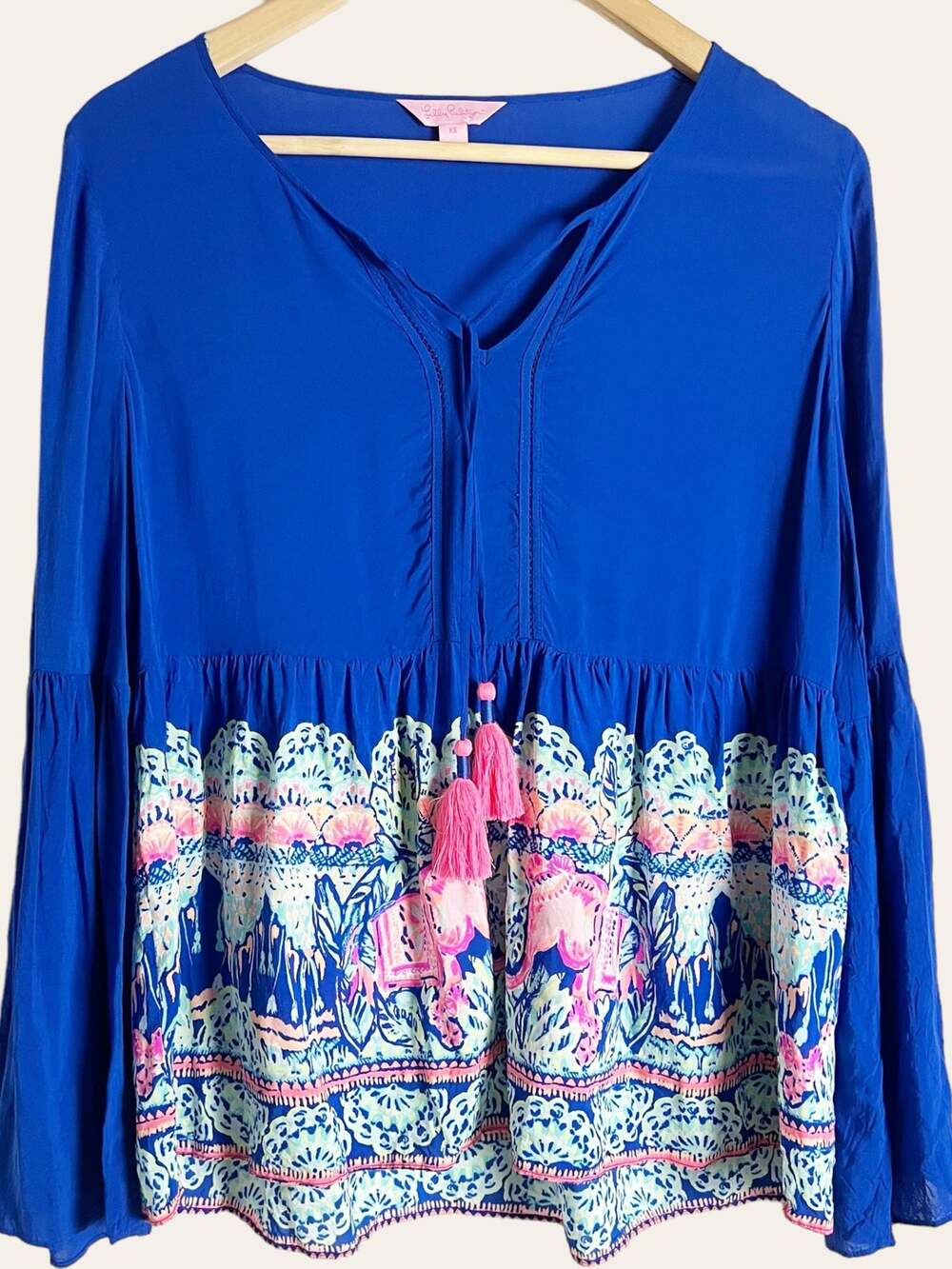 Lilly Pulitzer Kahli Blue Babydoll Tassel Long Sleeve Blouse Top Size XS